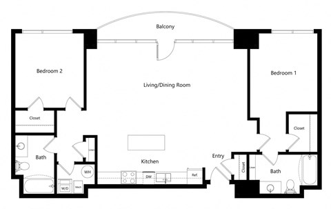 the two-bedroom Nashville floor plan at Midtown Crossing Apartments in Omaha, NE